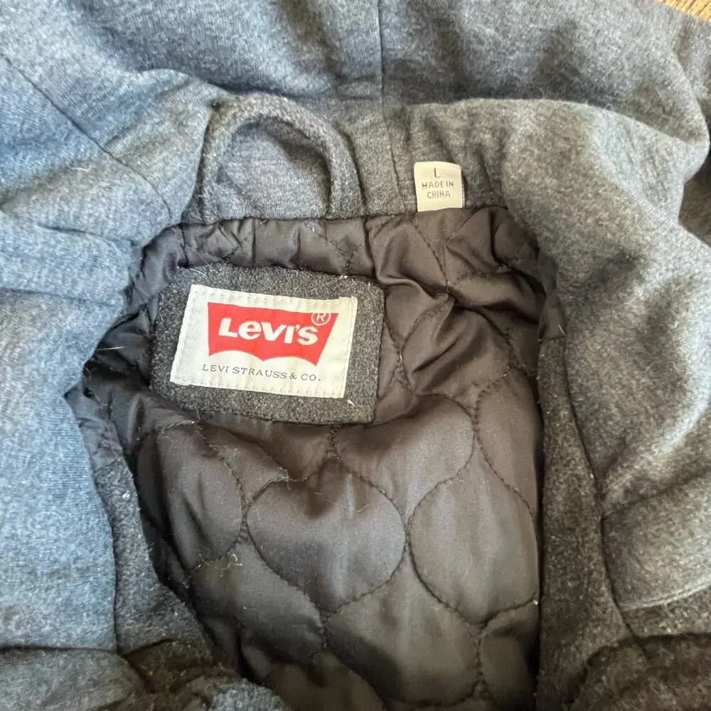 Levi's Jacket Coat Men's Large Grey Black Hooded Full Zip Snaps Patch Pockets